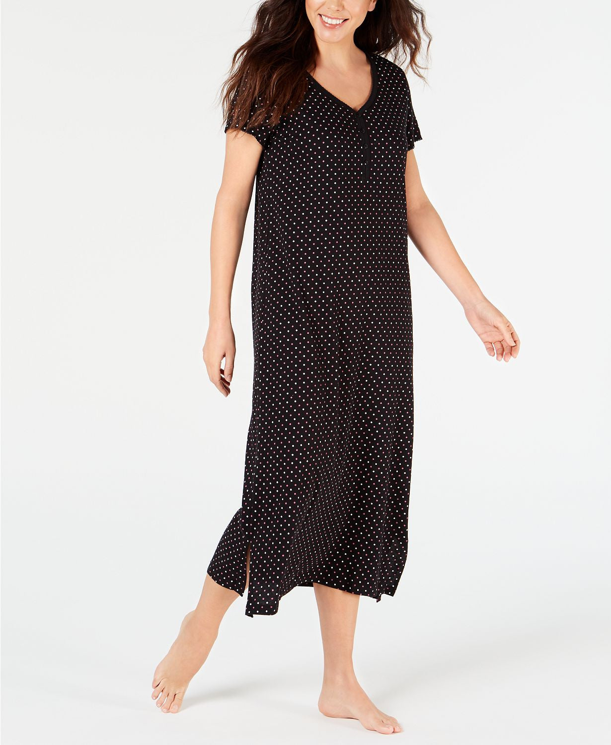 Charter Club Intimates Printed Soft Knit Cotton Nightgown in Black Duo Dot