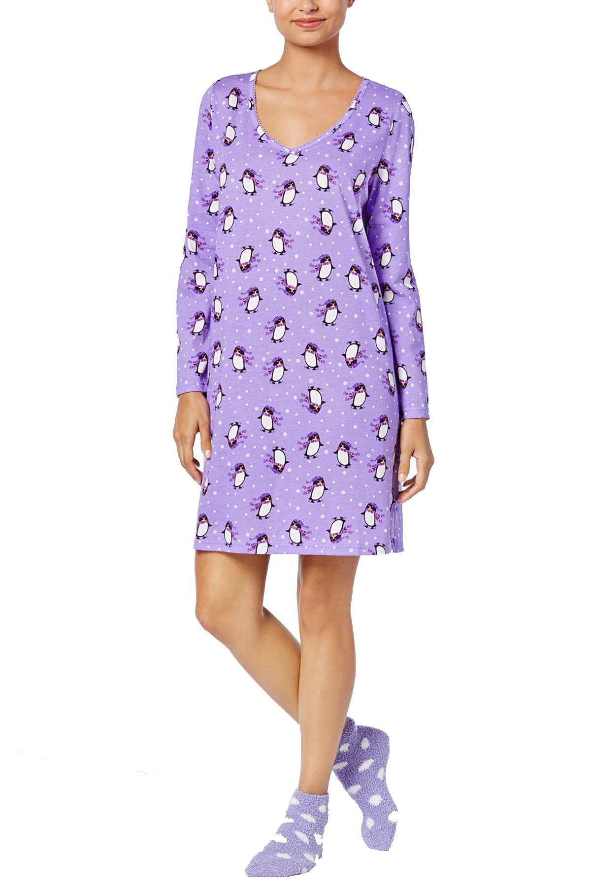 Charter Club Intimates Purple Pretty-Penguin Graphic-Print Cotton Sleepshirt With Matching Socks