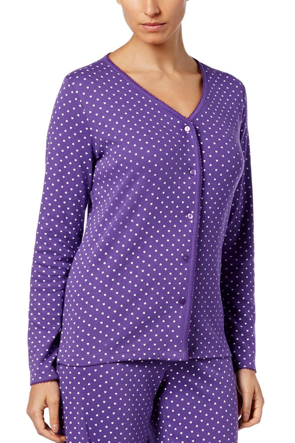 Charter Club Intimates Purple Scattered-Hearts Printed Cotton PJ Top