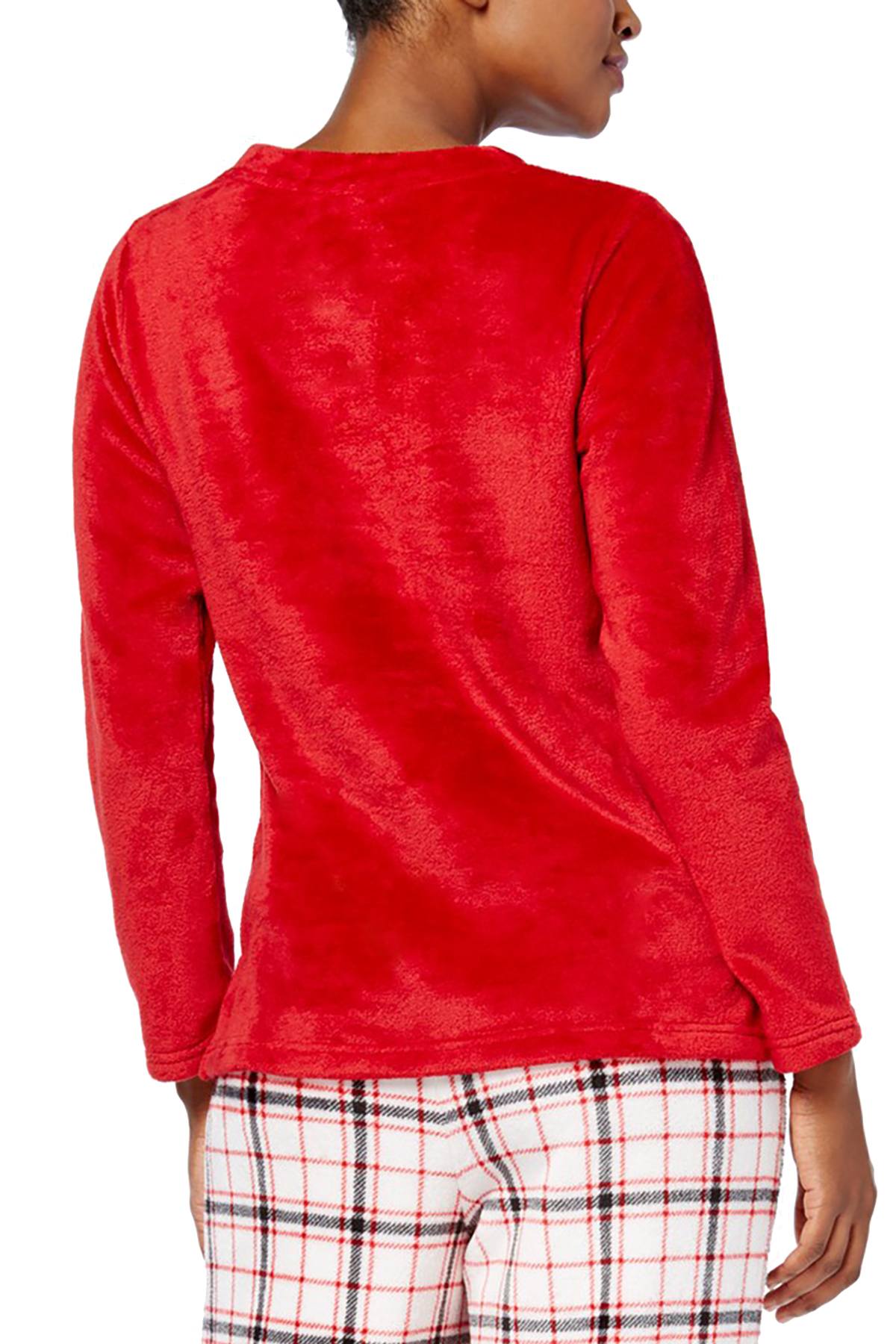 Charter Club Intimates Red/Grid-Plaid Plush Applique Pajama Top