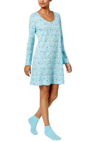 Charter Club Intimates Turquoise Ski-Lift Graphic-Print Cotton Sleepshirt With Matching Socks