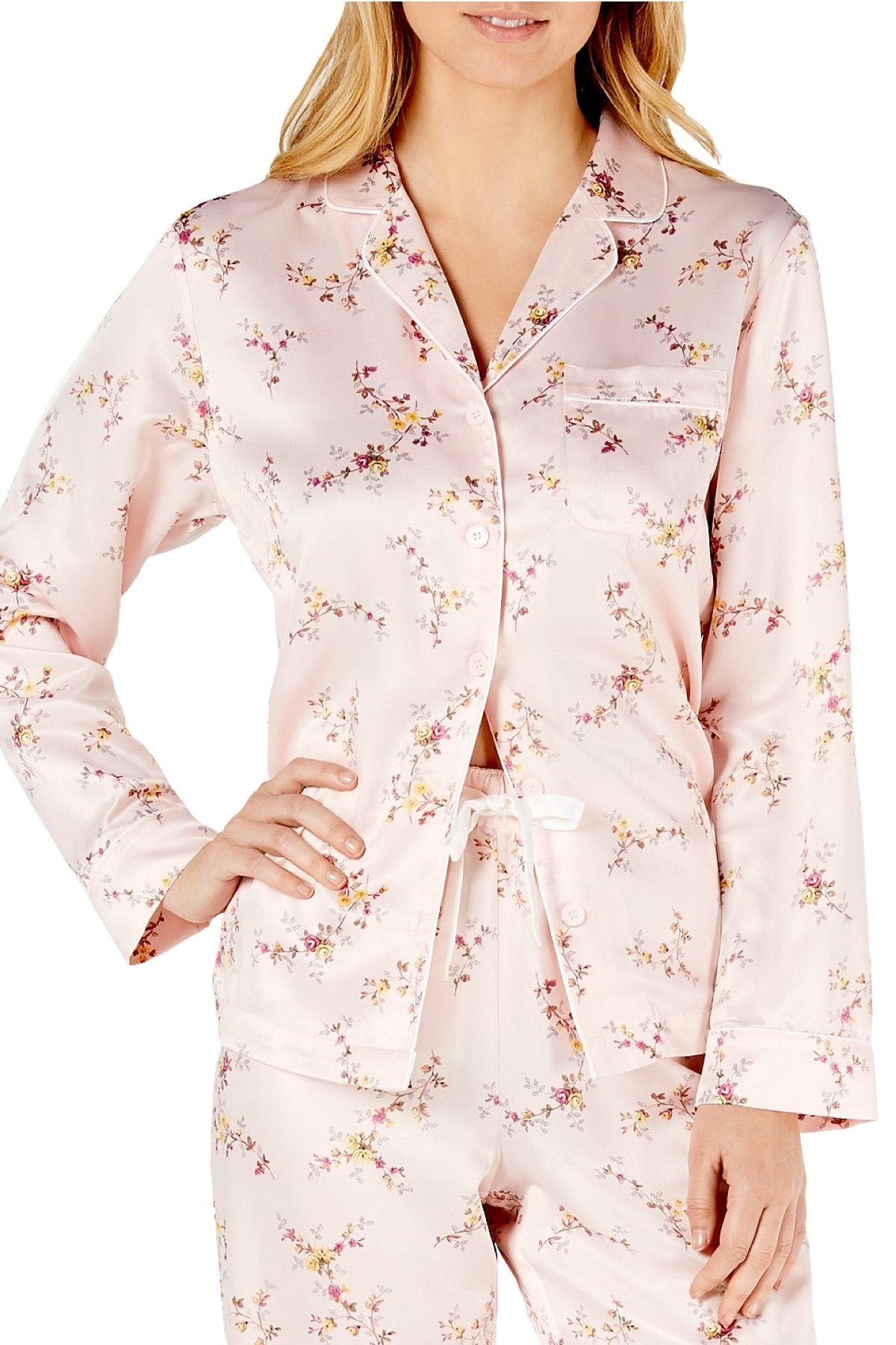 Charter Club Intimates Twiggy Roses Satin Long Sleeve Notch Collar Top