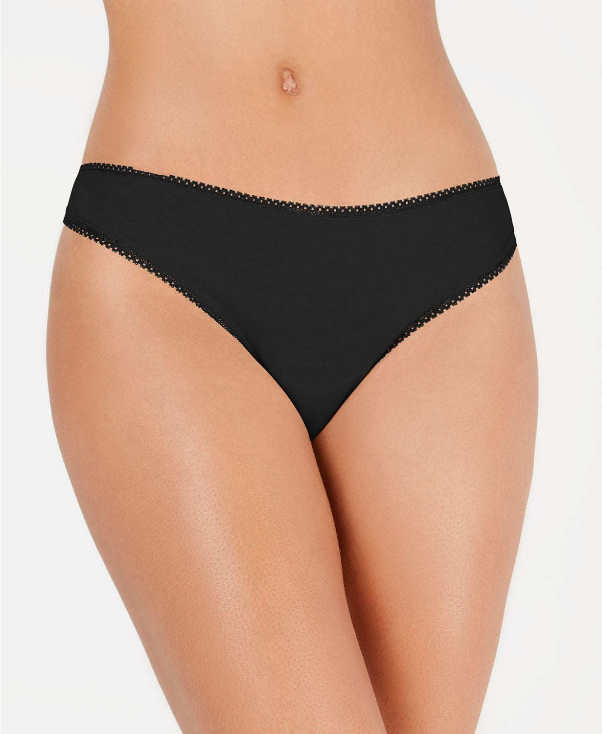 Charter Club Lace Trim Cotton Thong in Black