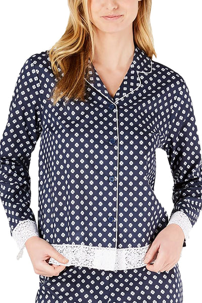 Charter Club Lace Trim Printed Notch Collar Pajama Top in Mini Floral Geo