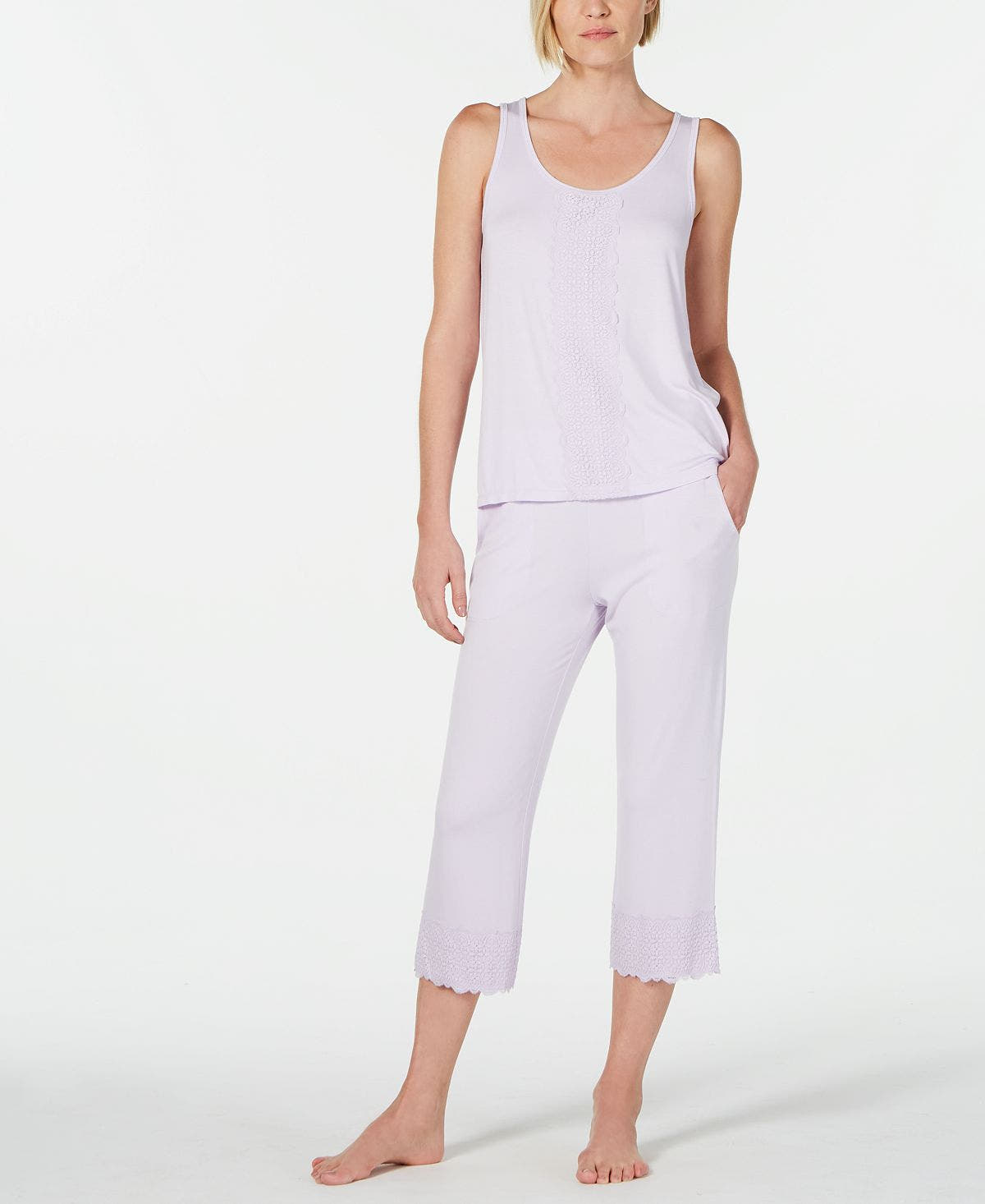 Charter Club Lace-trim Pajama Top & Bottoms Set Lavendar Flora