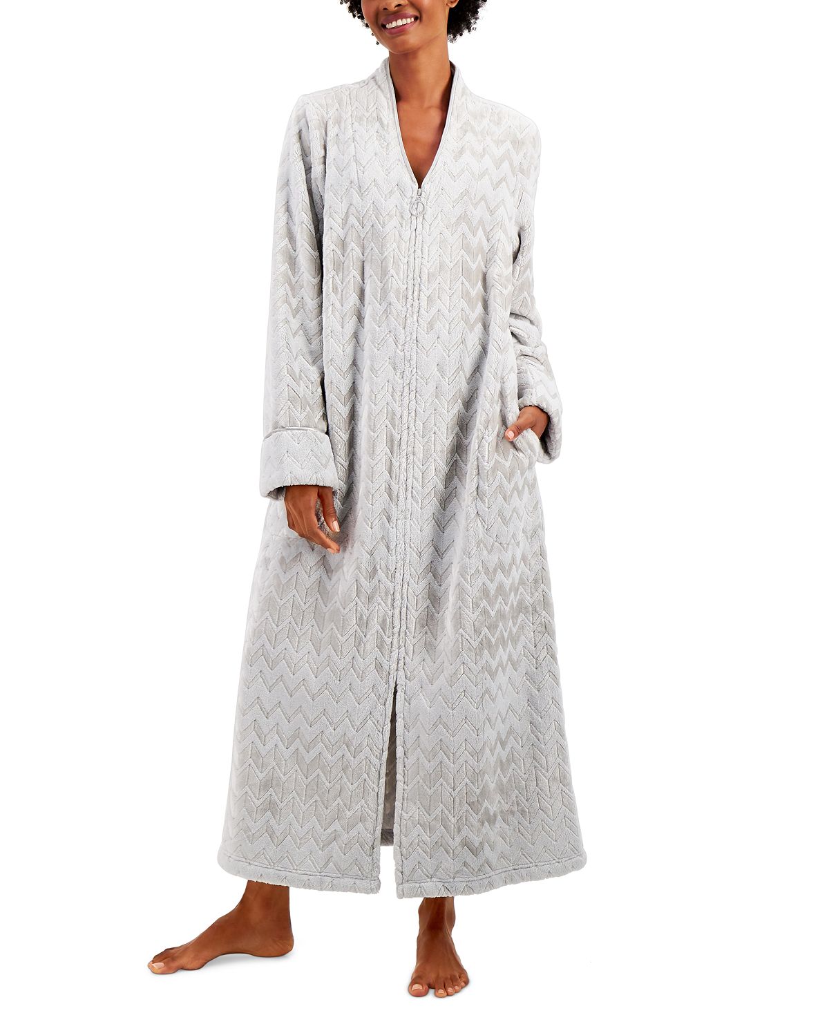 Charter Club Long Chevron Zip Front Robe Chevron Chalky Grey
