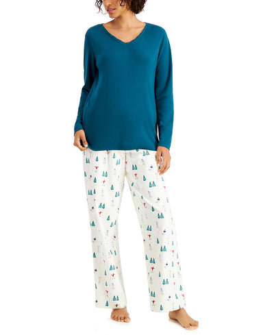 Charter Club Mixit Solid Top & Plaid Flannel Pajama Pants Set Skiers