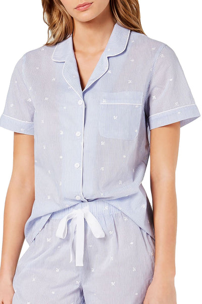 Charter Club Notch Collar Cotton Pajama Top in Embroidery Stripe Blue