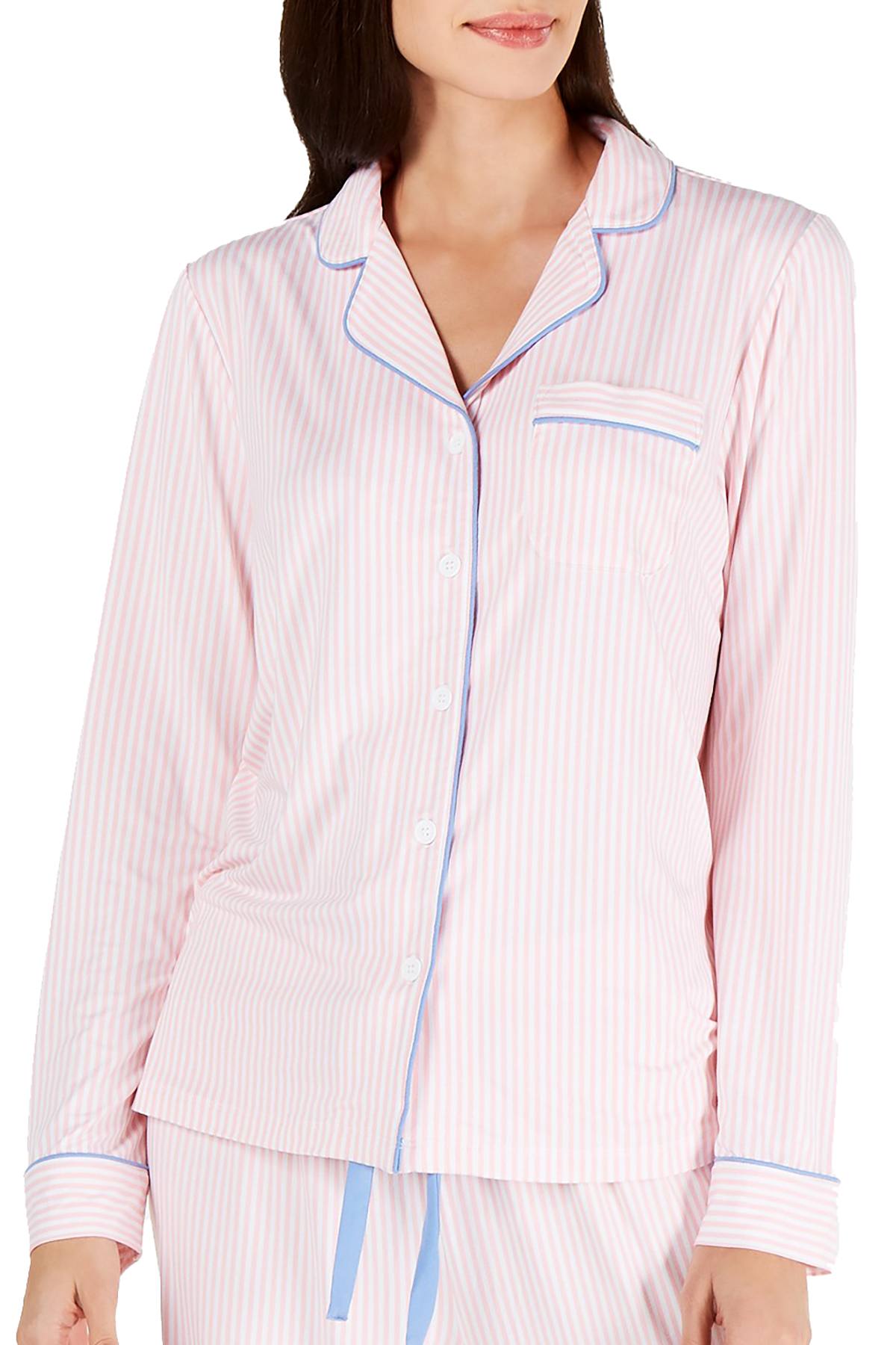 Charter Club Notch Collar Pajama Top in Ticking Stripe Pink