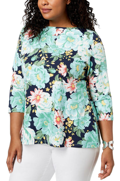 Charter Club PLUS Blue Floral-Printed Boat-Neck Top