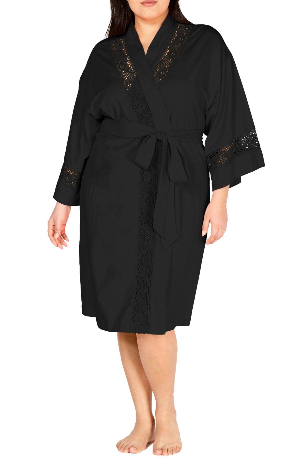 Charter Club PLUS Embroidered Lace Knit Robe in Classic Black