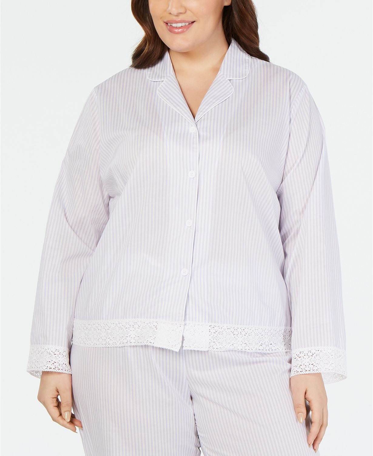 Charter Club PLUS Lace Trim Notch Collar Pajama Top in Block Stripe Lavender