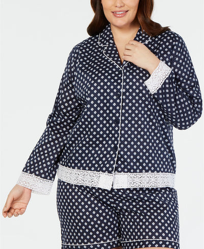 Charter Club PLUS Lace Trim Printed Notch Collar Pajama Top in Mini Floral Geo