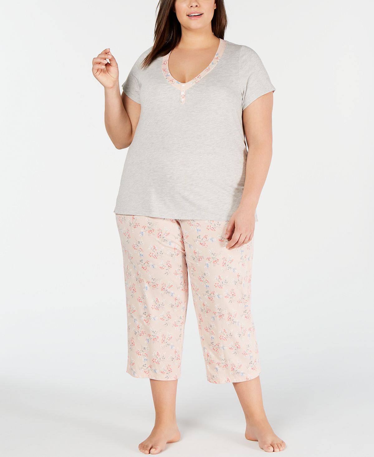Charter Club Plus-size Knit Cotton Short-sleeve Top & Capri Pajama Pants Set Dotted Floral