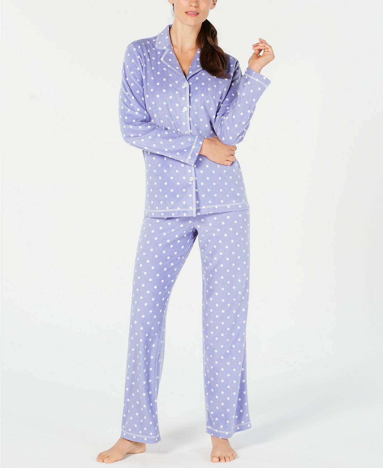 Charter Club Printed Fleece Notched Collar Pajama Set in Iolite Dot