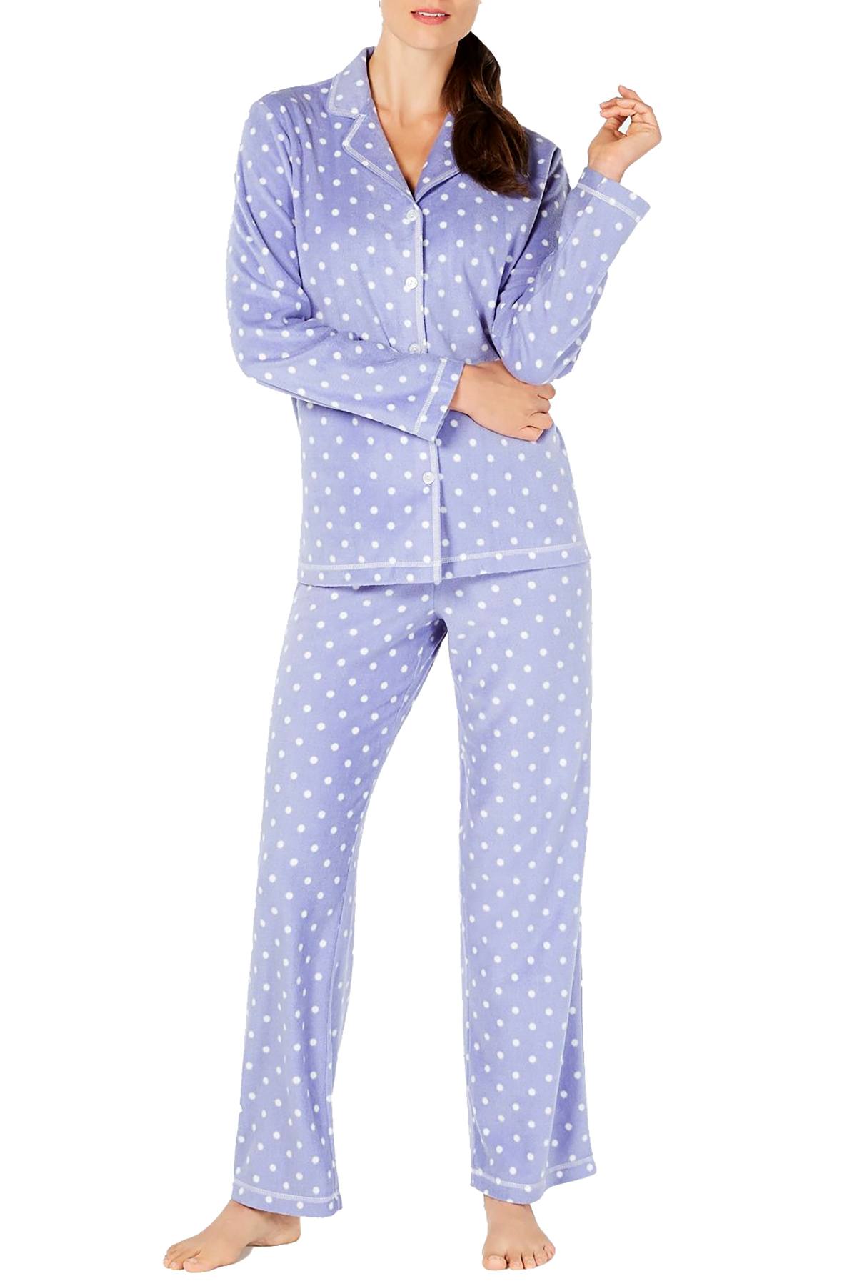 Charter Club Printed Fleece Notched Collar Pajama Set in Iolite Dot