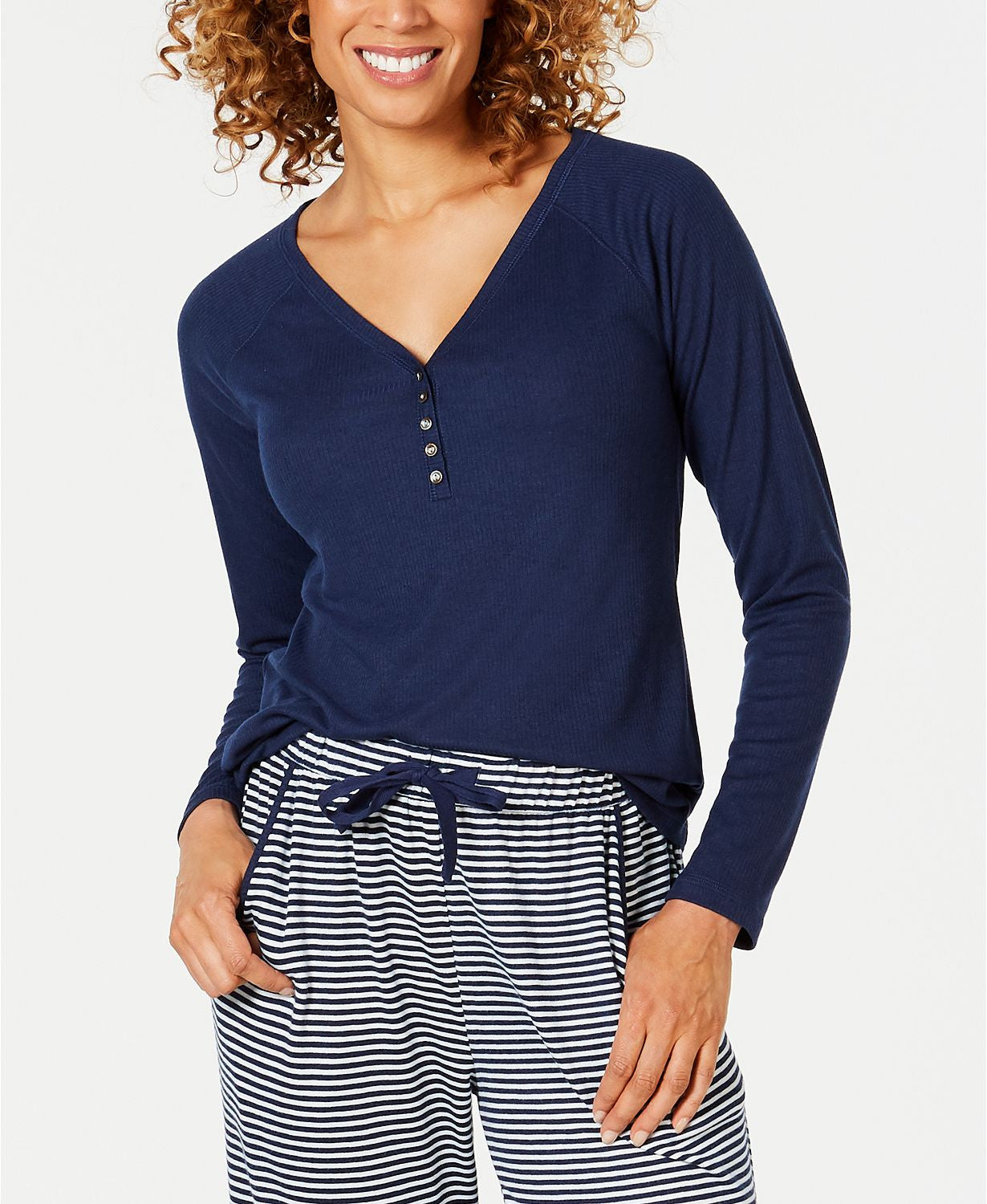 Charter Club Ribbed Knit Henley in Ink Blue