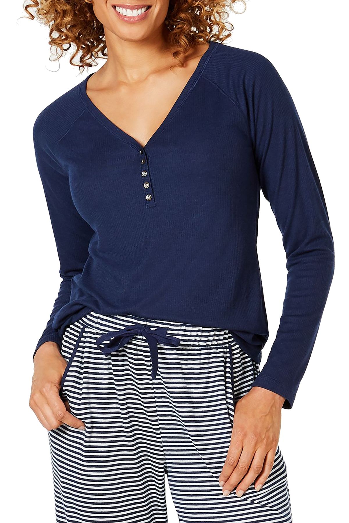 Charter Club Ribbed Knit Henley in Ink Blue