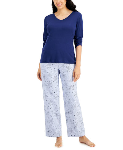 Charter Club V-neck T-shirt & Flannel Pants Pajama Set Dotted Snowflak