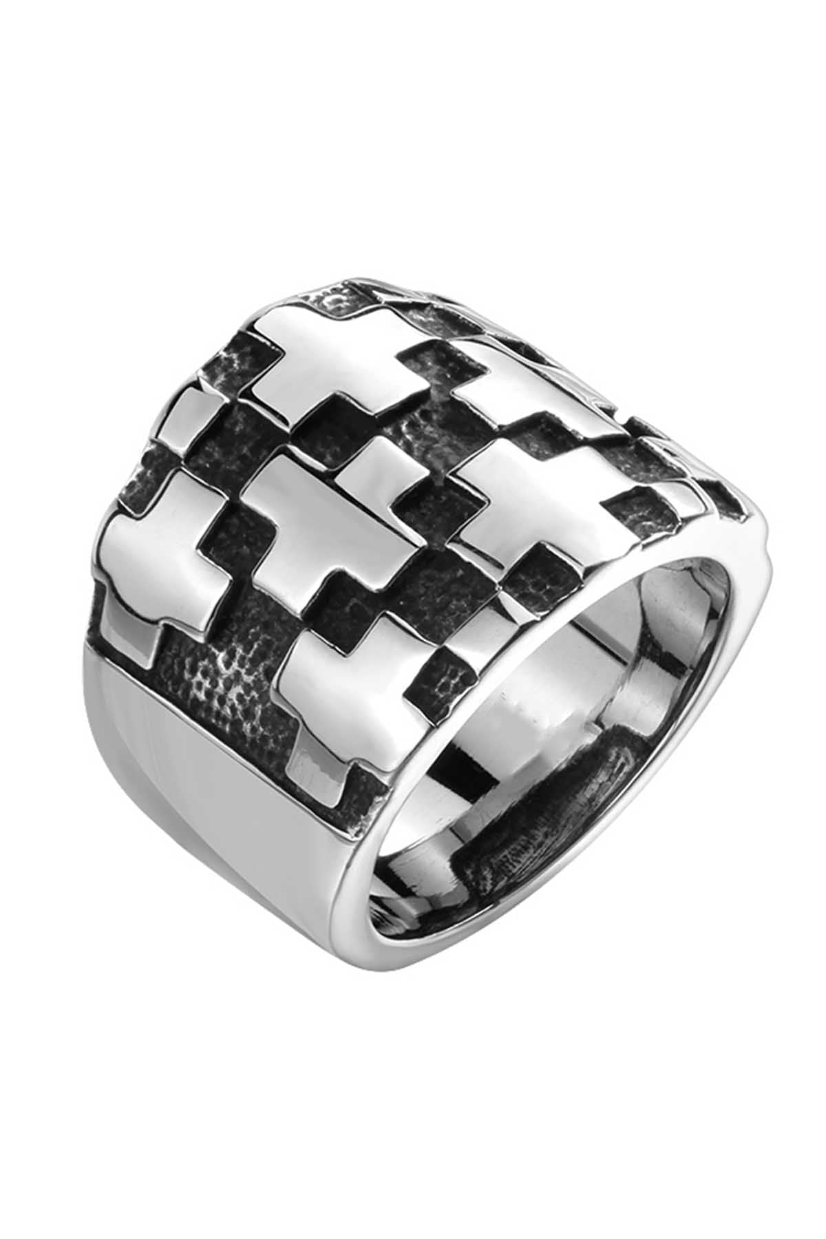 Checkered Cross Stainless Steel Ring
