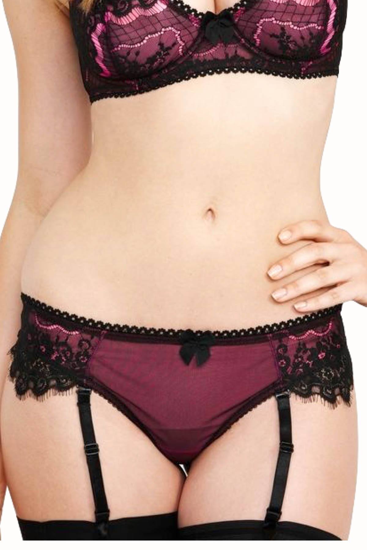 Claudette Neon Pink En Dentelle Garter Thong