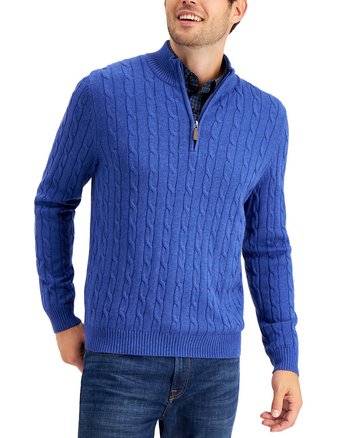 Club Room Cable Knit Quarter-zip Cotton Sweater Cobalt Heather Blue