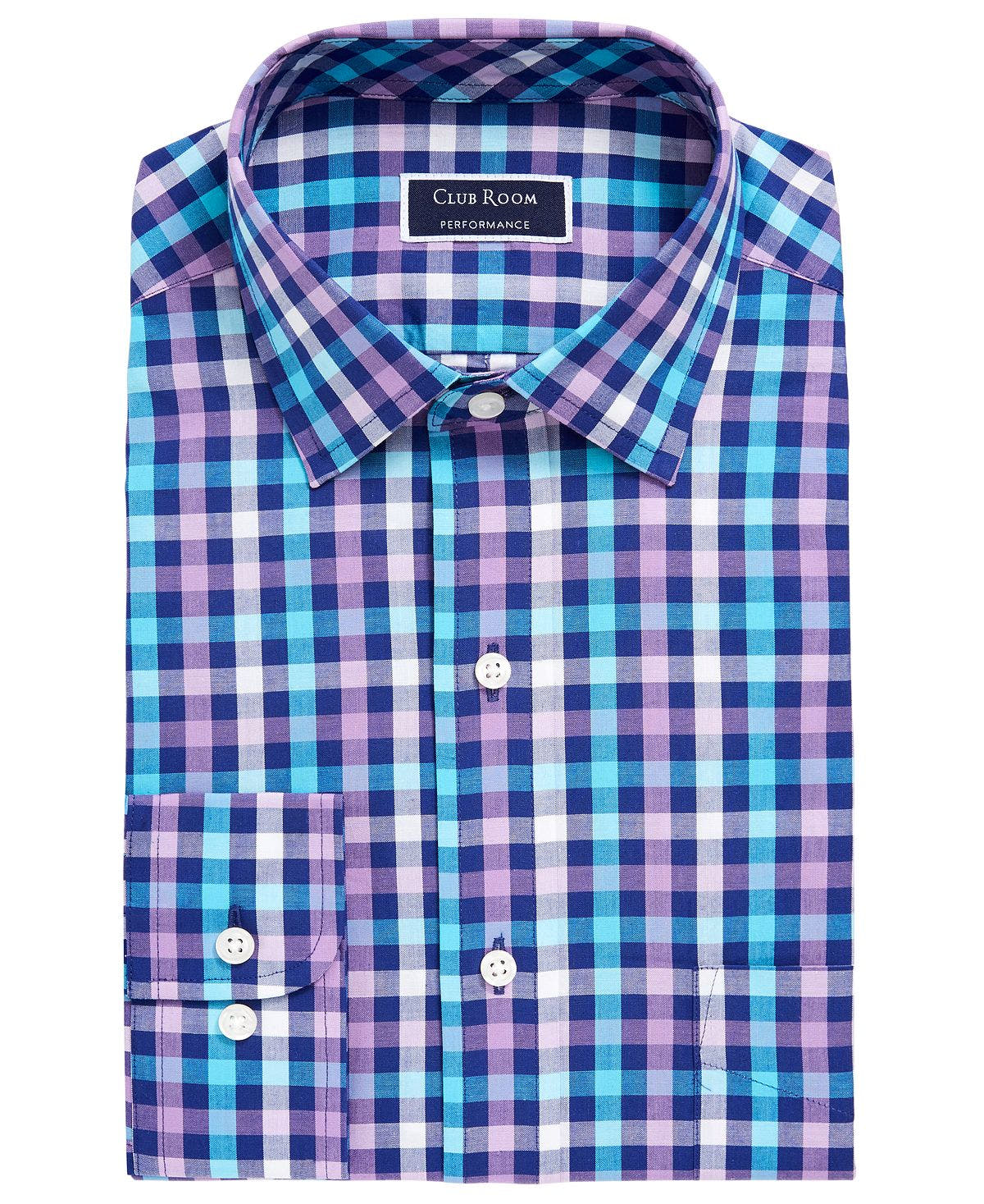 Club Room Classic/regular Fit Performance Multi Gingham Dress Shirt Navy Teal