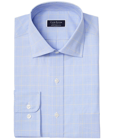 Club Room Classic/regular Fit Stretch Small Glen Plaid Dress Shirt Light Blue Yellow