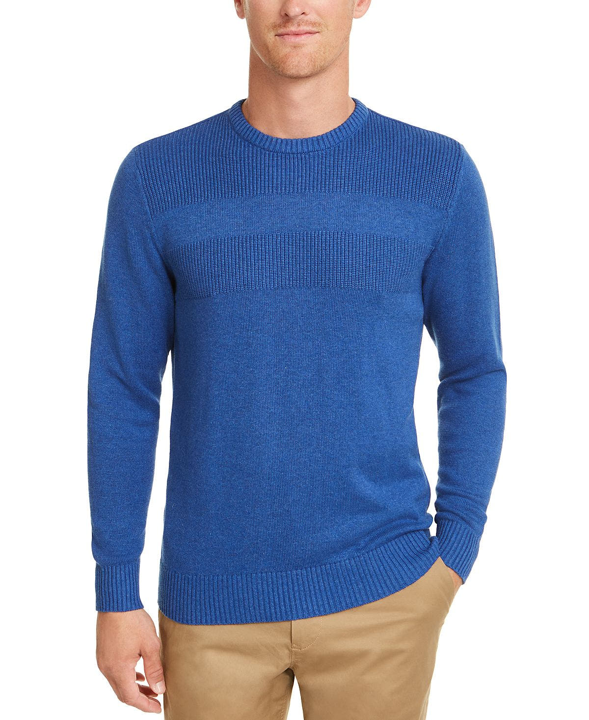 Club Room Cotton Solid Textured Crew Neck Sweater Cobalt Heather