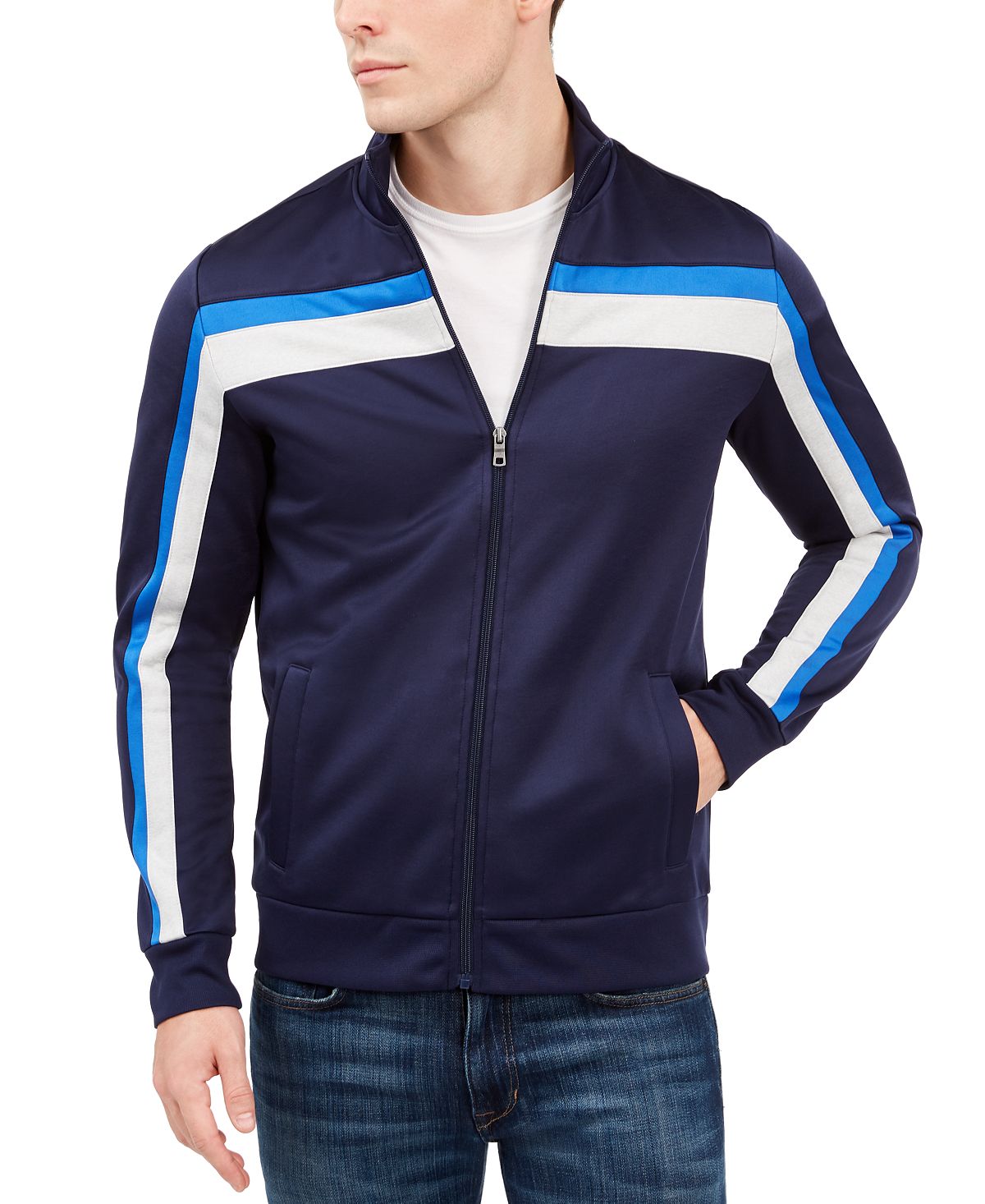 Club Room Crossbody Stripe Track Jacket Navy Blue