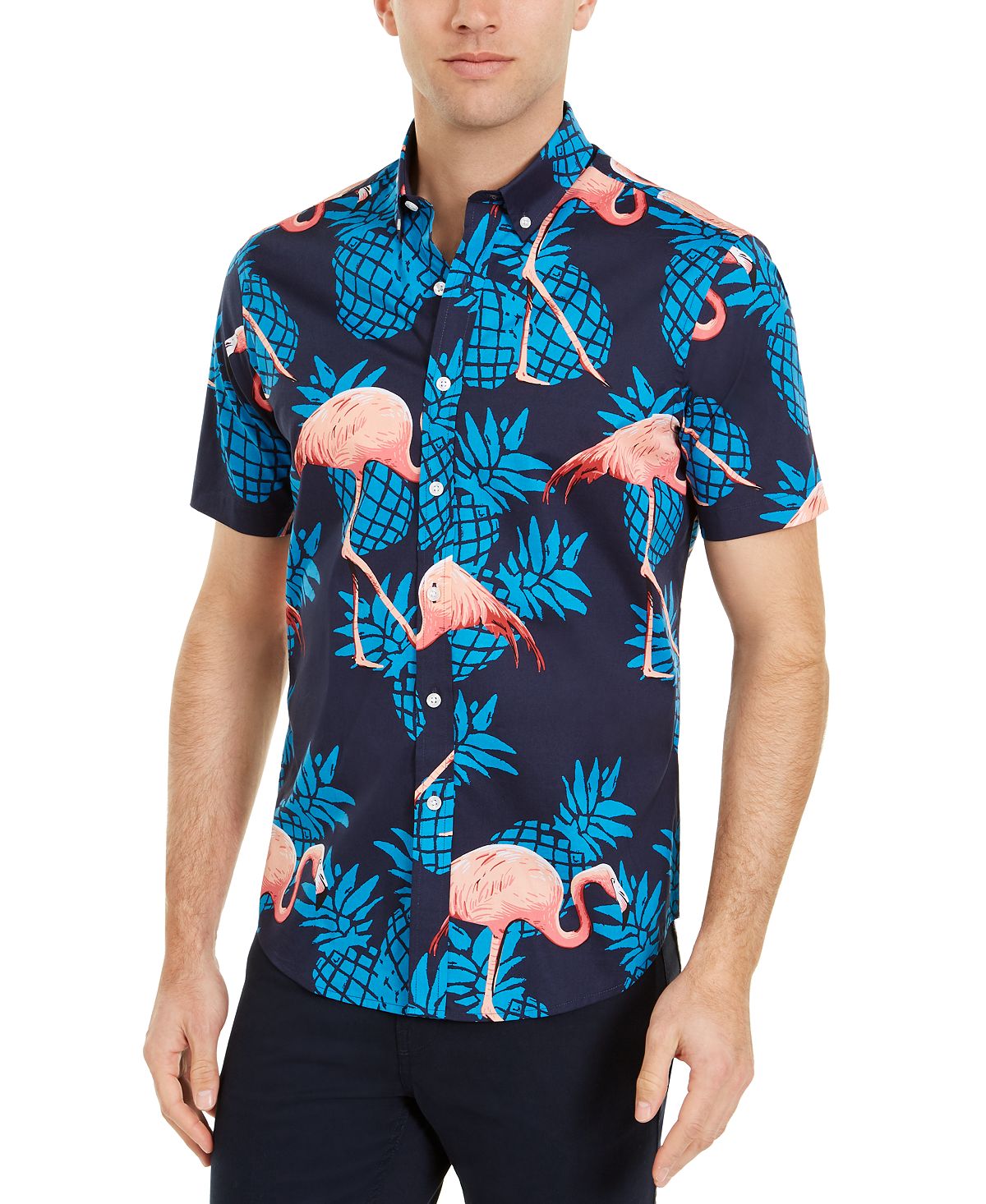 Club Room Flamingo Print Short Sleeve Shirt Navy Combo