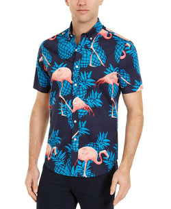 Club Room Flamingo Print Short Sleeve Shirt Navy Combo thumbnail 1
