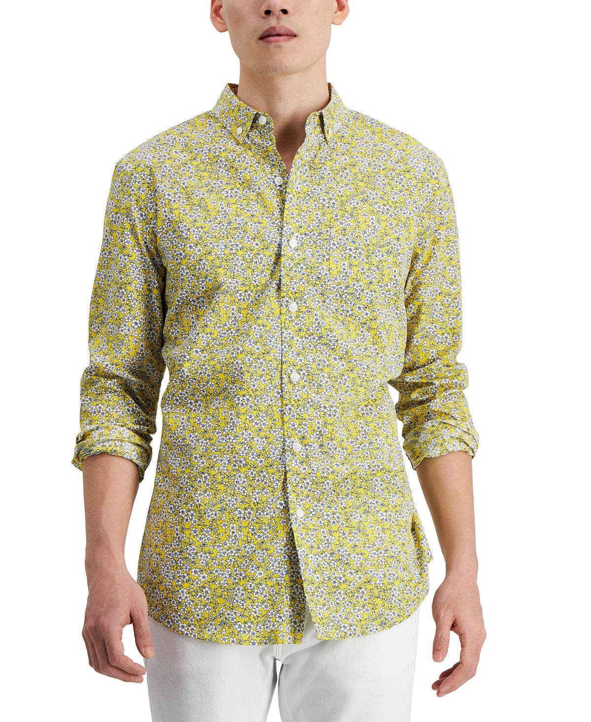 Club Room Floral-print Shirt Yellow Cosmo