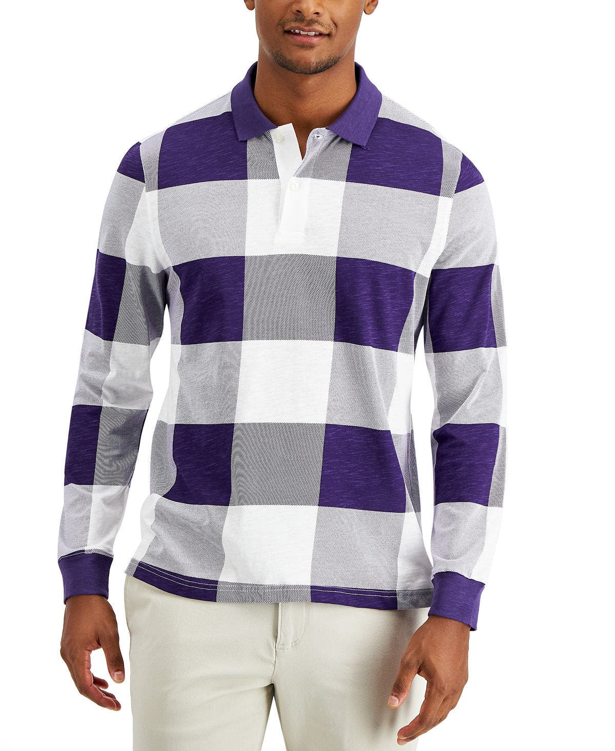 Club Room Gingham Check Long-sleeve Polo Shirt Purple