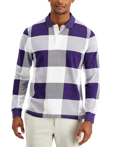 Club Room Gingham Check Long-sleeve Polo Shirt Purple thumbnail 1