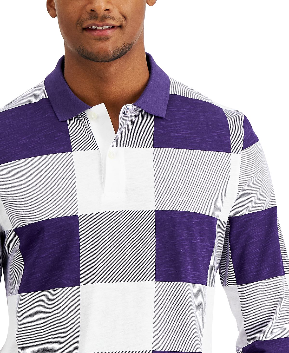 Club Room Gingham Check Long-sleeve Polo Shirt Purple