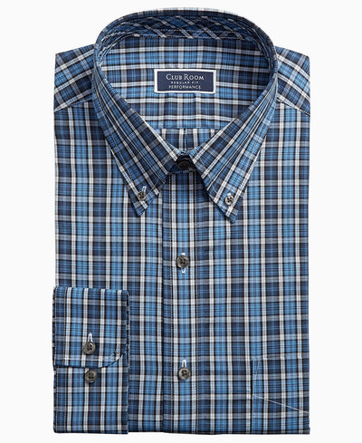 Club Room Men’s Classic/regular Fit Stretch Plaid Button Down Collar Dress Shirts Created For Macy’s Navy/Light Blue