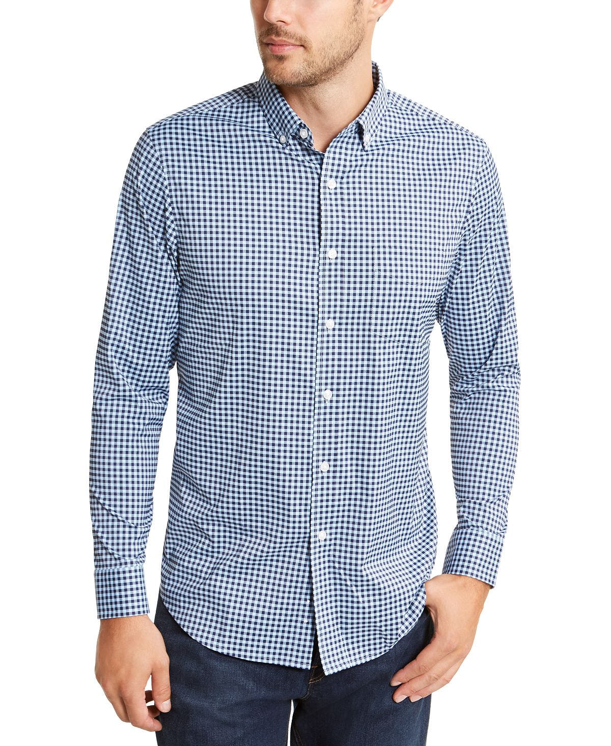 Club Room Performance Gingham Check Shirt With Pocket Pale Ink Blue