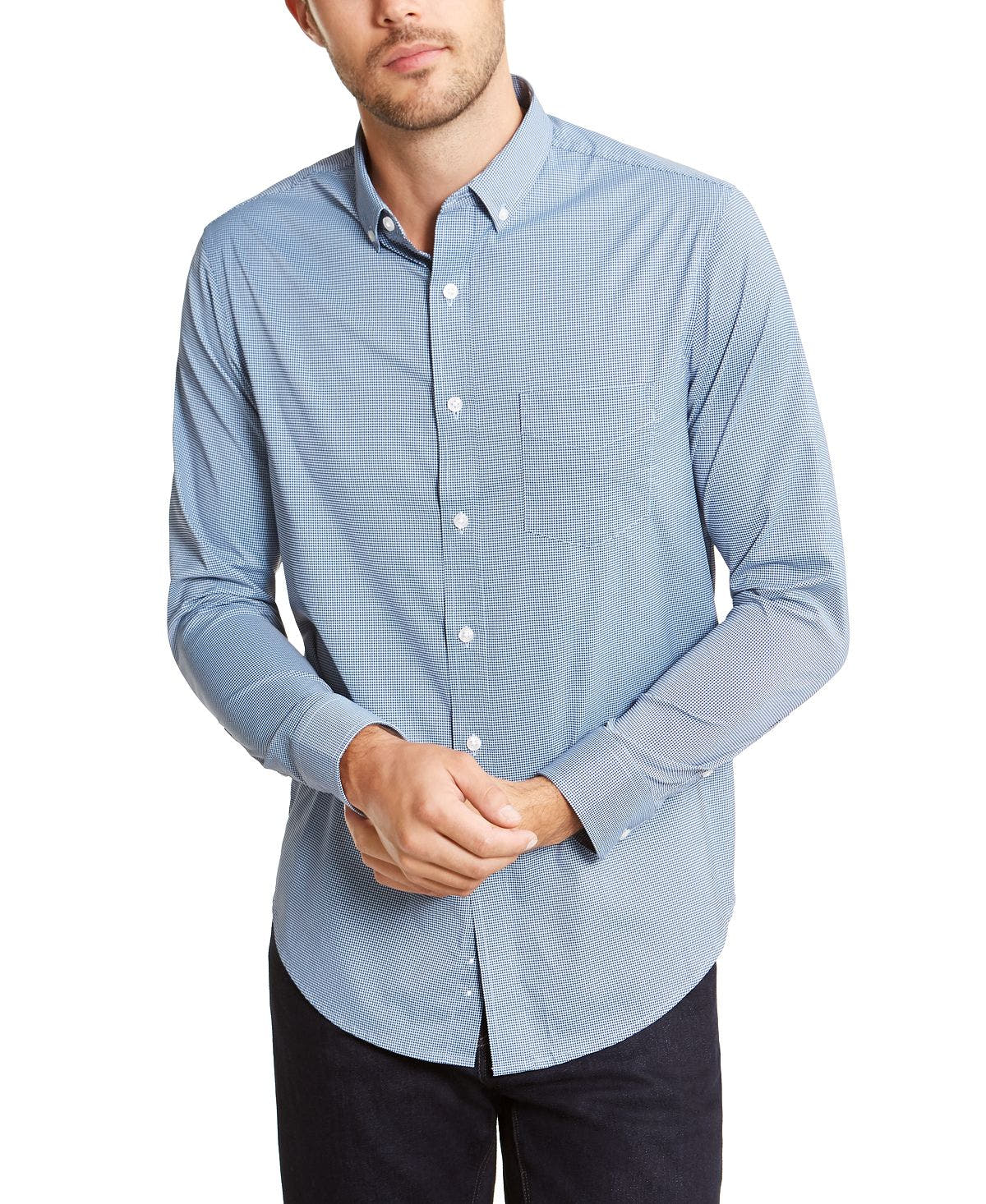 Club Room Performance Mini-gingham Check Shirt Pale Ink Blue