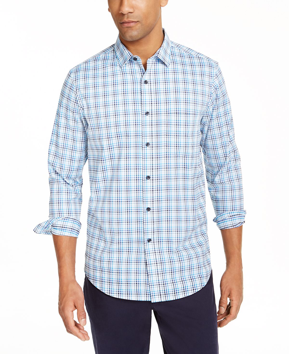 Club Room Performance Ombre Plaid Shirt With Pocket Blue Multi Combo