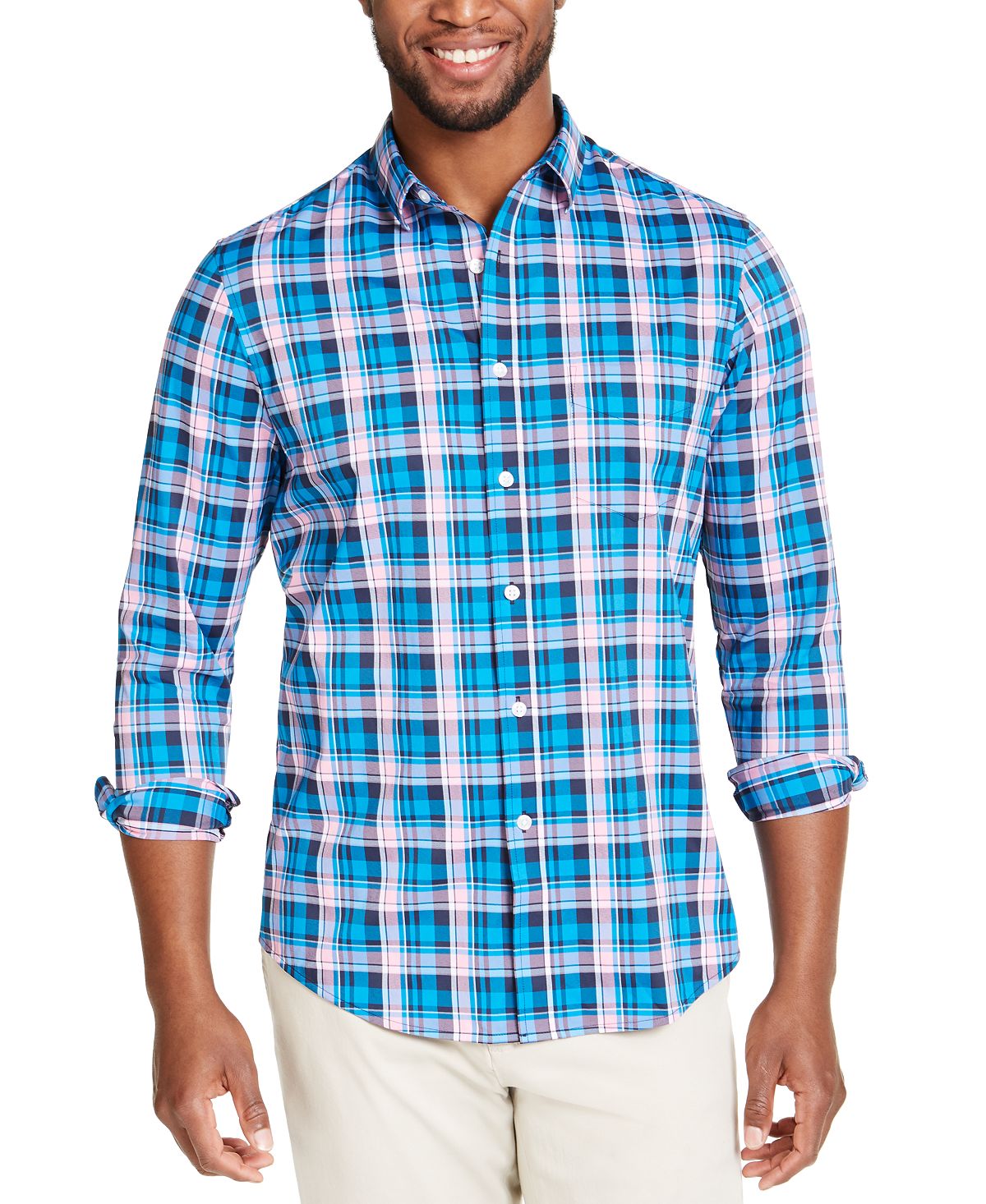 Club Room Performance Plaid Shirt With Pocket Blue Pink Combo