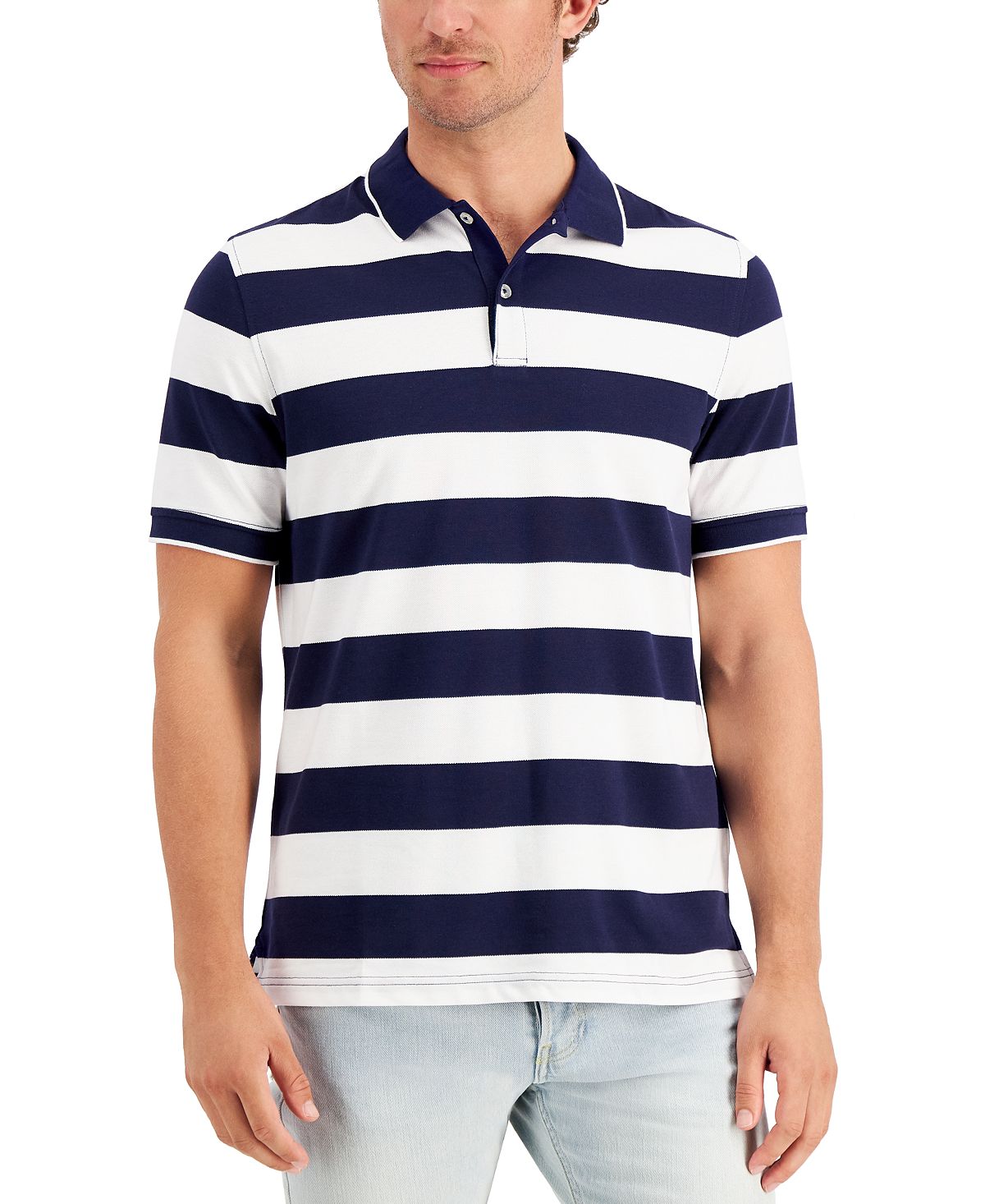 Club Room Performance Stretch Striped Polo Shirt Navy Blue/White