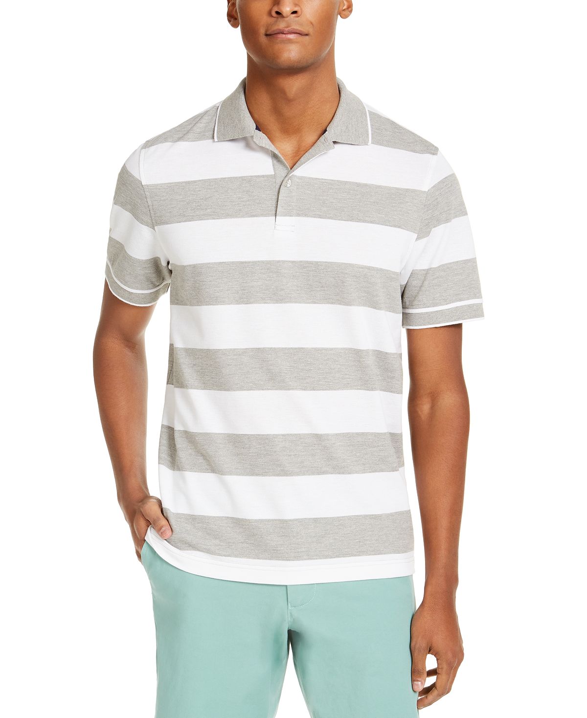 Club Room Performance Stretch Striped Polo Shirt Soft Grey/White
