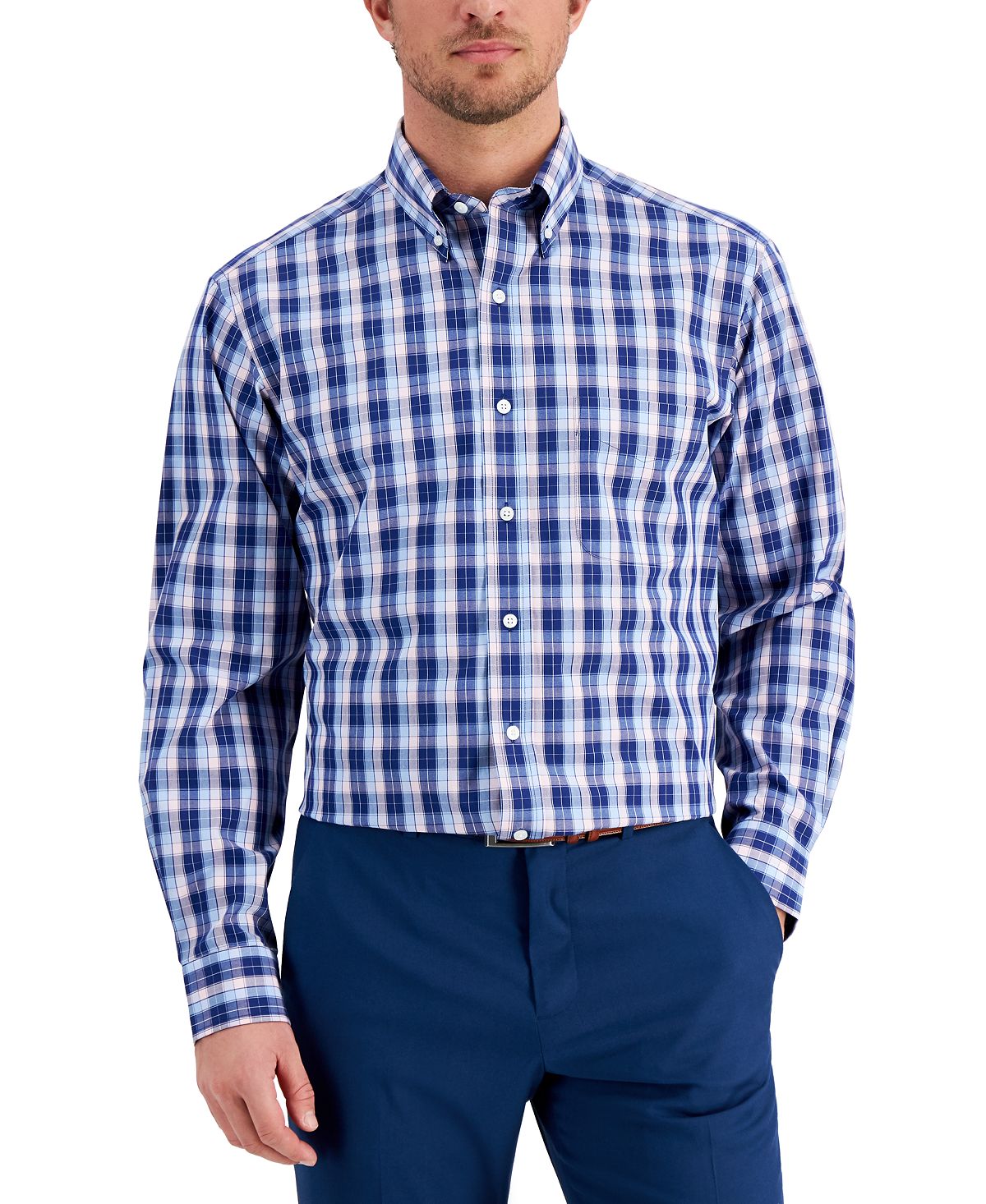 Club Room Regular Fit Plaid Cotton Dress Shirt Navy Pink