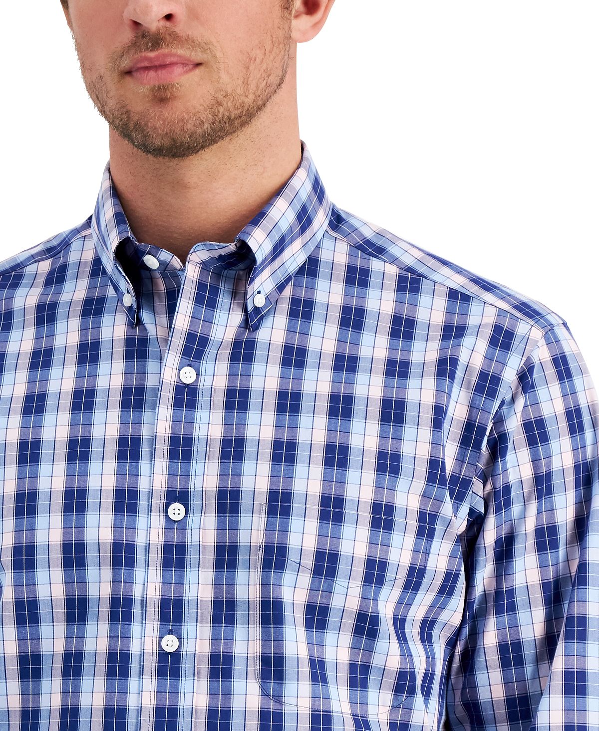 Club Room Regular Fit Plaid Cotton Dress Shirt Navy Pink