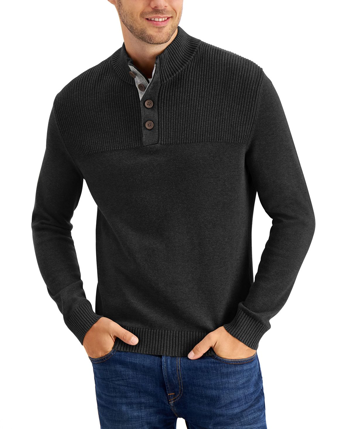 Club Room Ribbed Four-button Sweater Deep Black