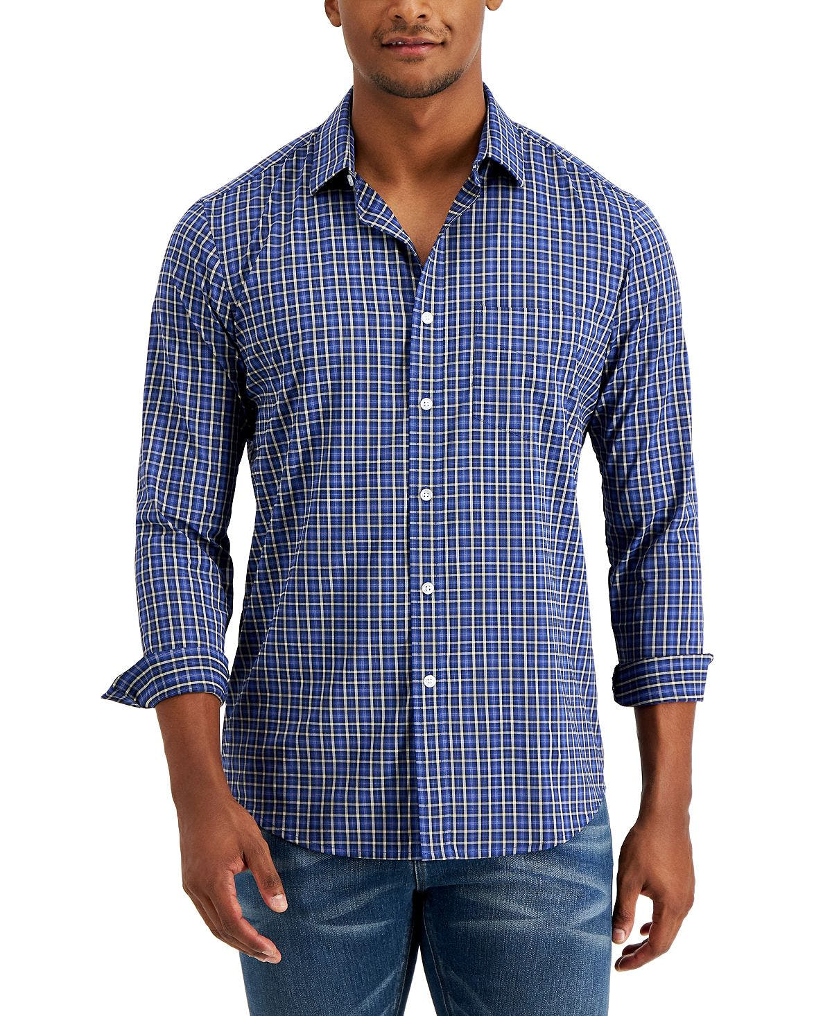 Club Room Slim-fit Stretch Check Shirt Navy Blue