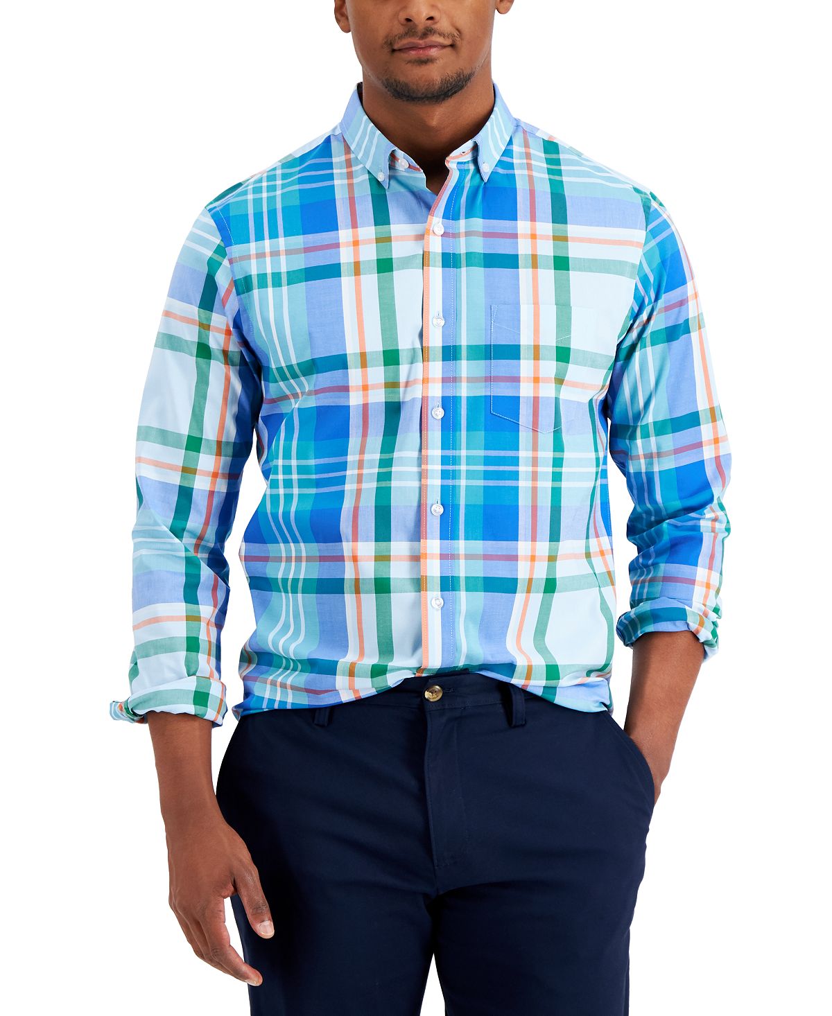 Club Room Slim-fit Stretch Plaid Poplin Shirt Laser Blue