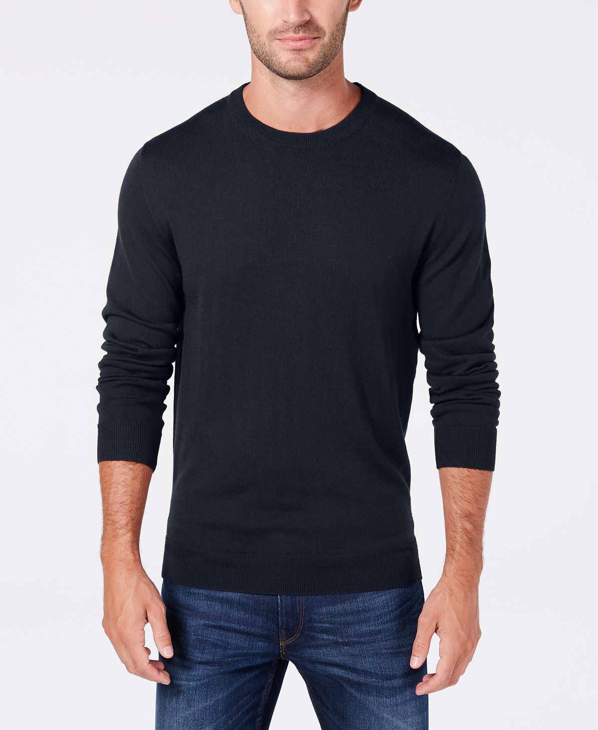 Club Room Solid Crew Neck Merino Wool Blend Sweater Navy Blue