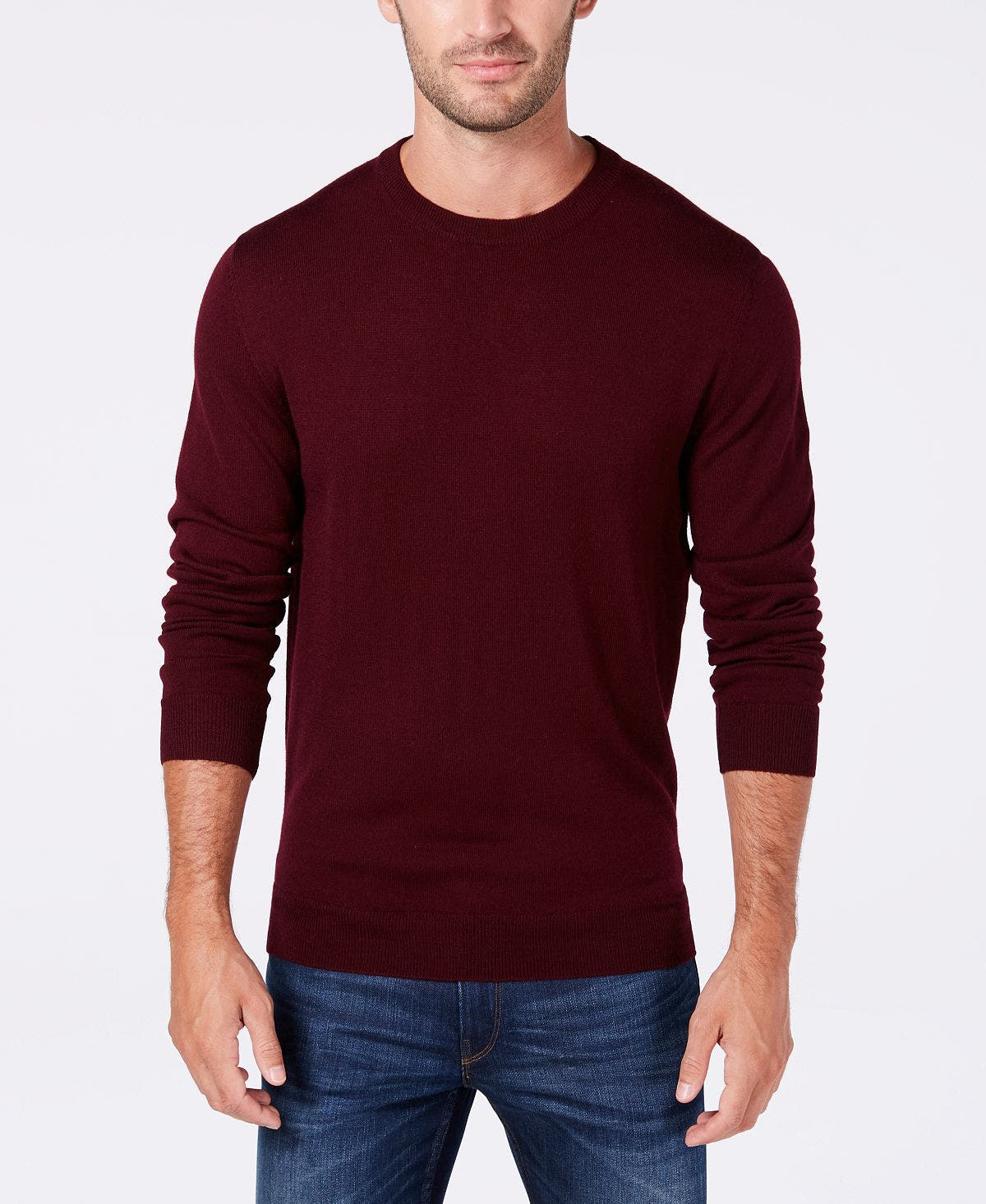 Club Room Solid Crew Neck Merino Wool Blend Sweater Red Plum